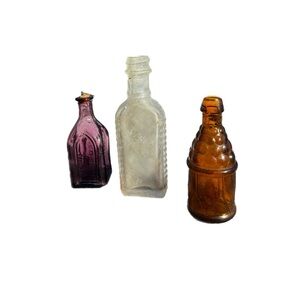 Vintage Miniature Collectible Glass Bottles Amber- Purple & Clear 3” Set of 3